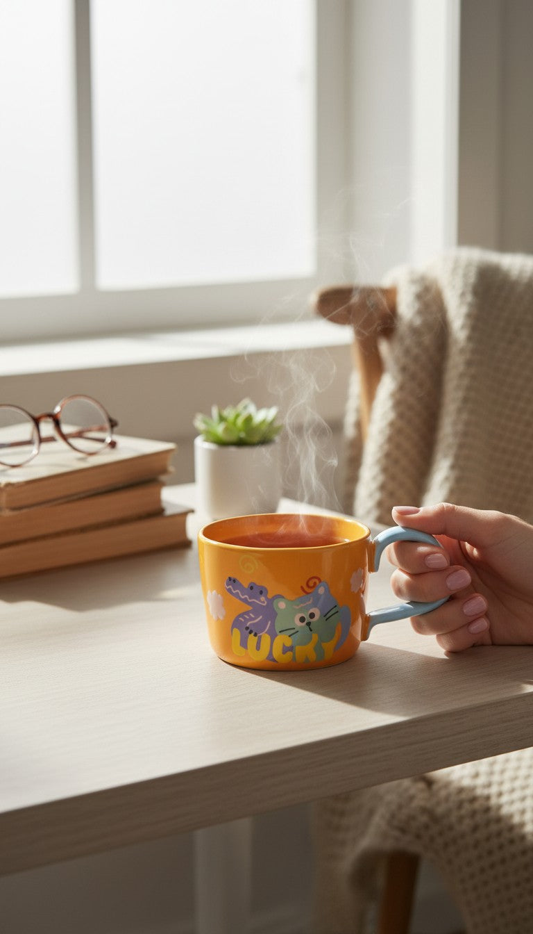 Asoula orange ceramic mug with cute cartoon cat and alligator design, light blue handle.