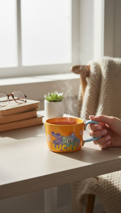 Asoula orange ceramic mug with cute cartoon cat and alligator design, light blue handle.