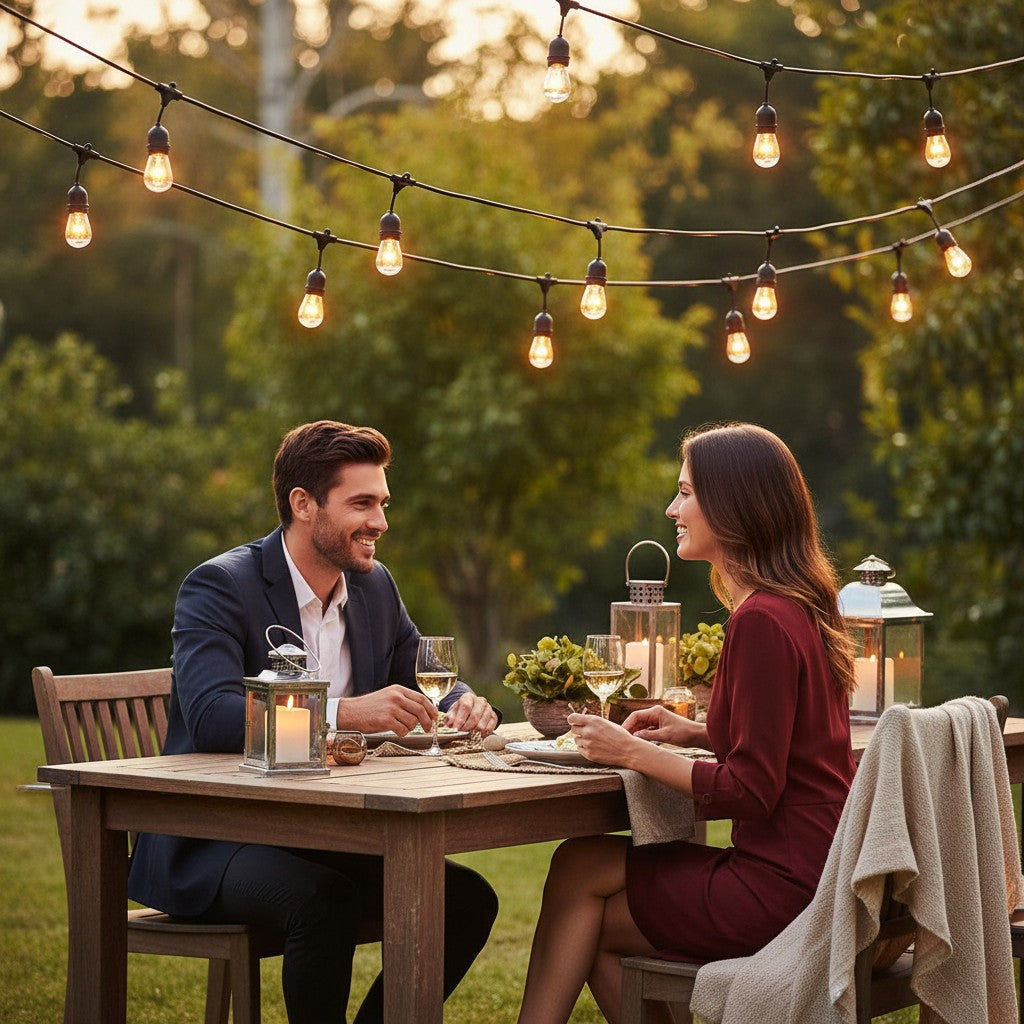 Asoula black outdoor string lights with warm Edison bulbs, waterproof for garden, patio, and events.