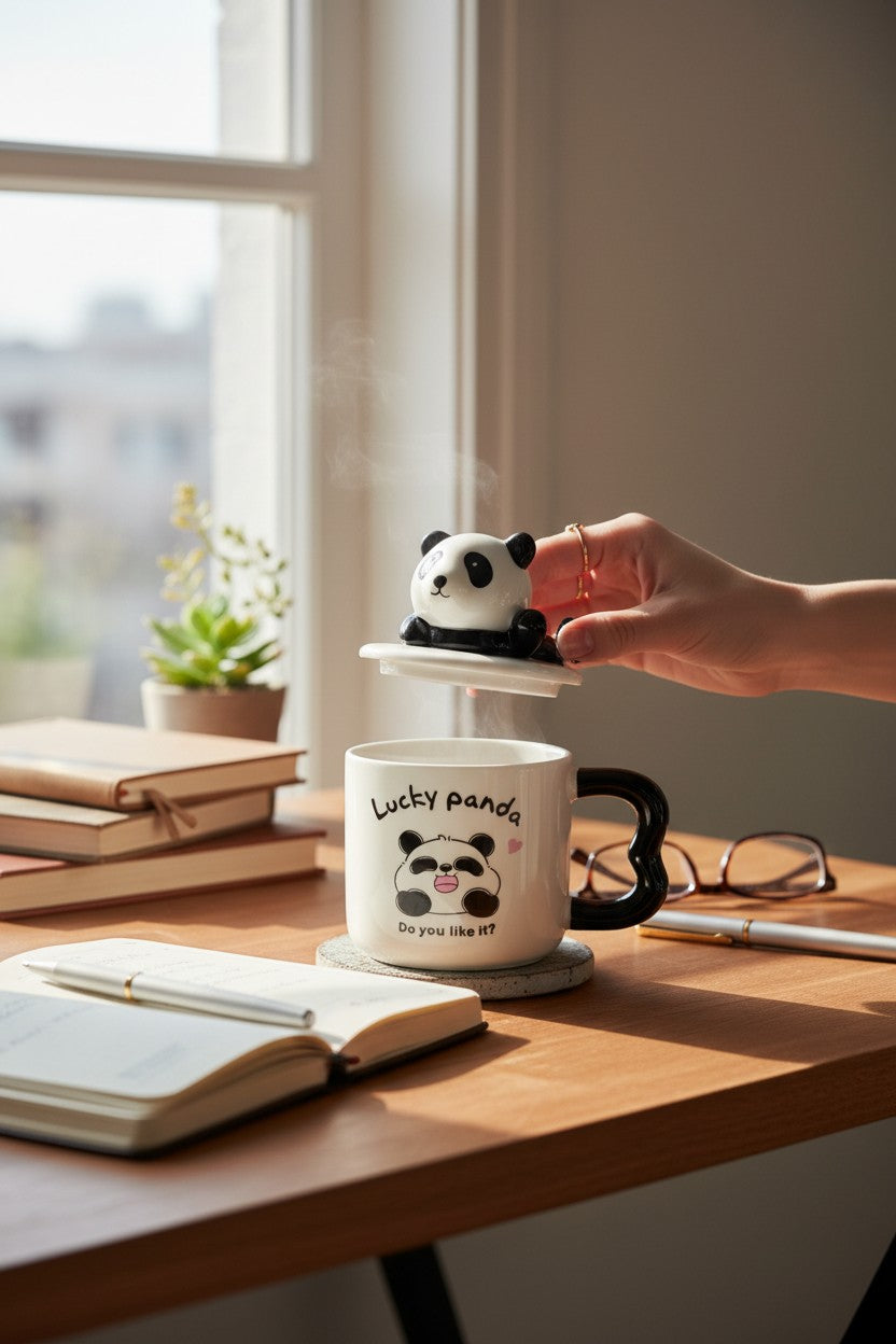 Asoula white porcelain mug with a black handle, featuring a cute panda design and lid. Text reads "Lucky panda Do you like it?"