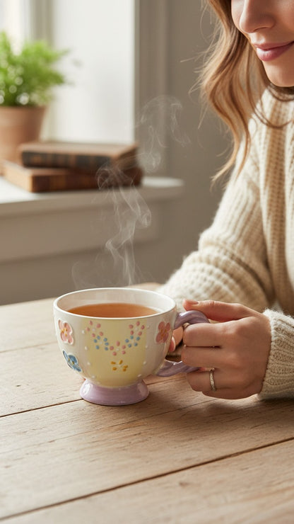 Asoula ceramic mug with pastel floral design and twisted lilac handle.
