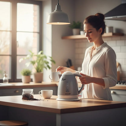 Asoula Penguin Noval electric kettle, 1.7L capacity, 2000W, grey and white plastic with water level indicator.
