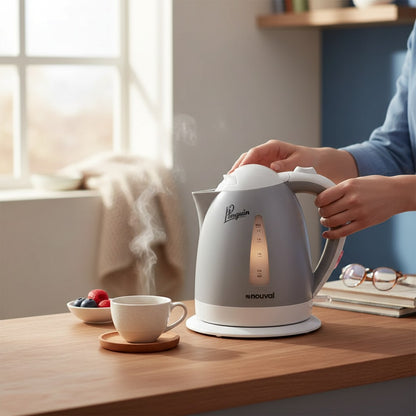 Asoula Penguin Noval electric kettle, 1.7L capacity, 2000W, grey and white plastic with water level indicator and ergonomic handle.