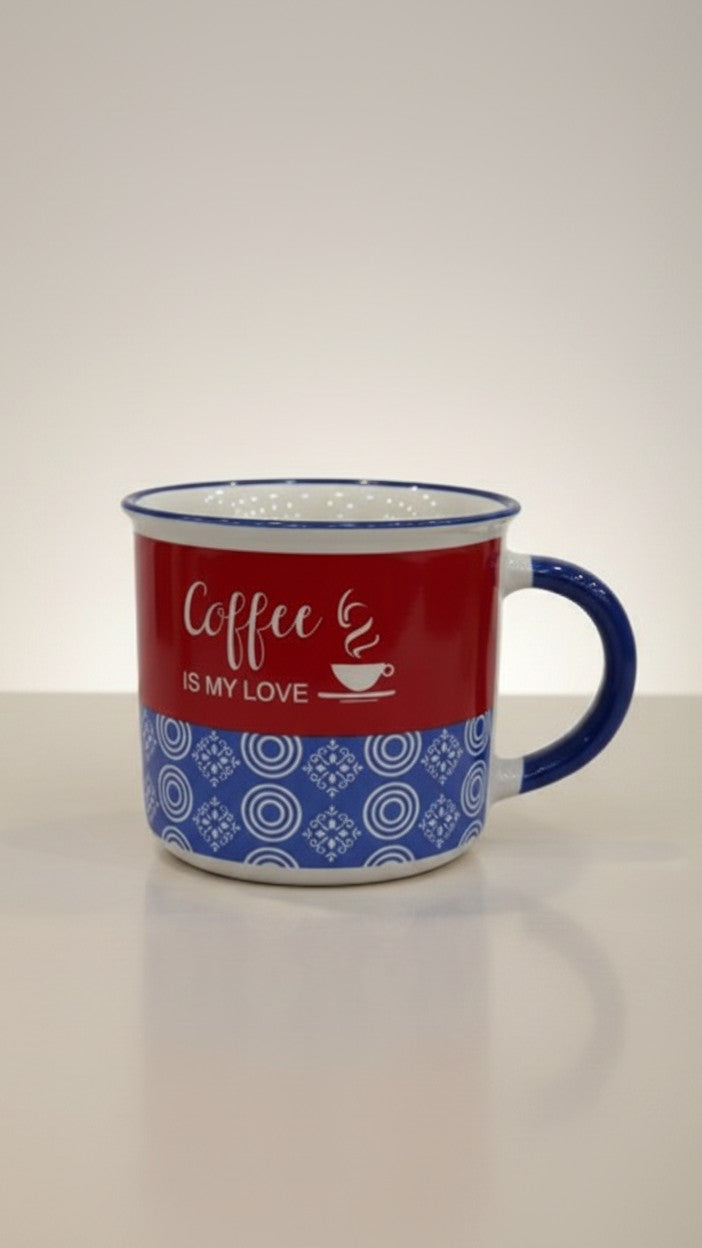 Asoula ceramic coffee mug with red body, blue patterned base, and white text "Coffee is my love".