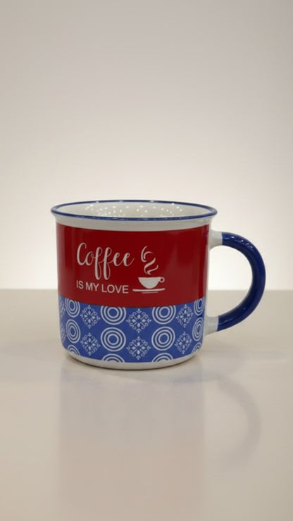 Asoula ceramic coffee mug with red body, blue patterned base, and white text "Coffee is my love".