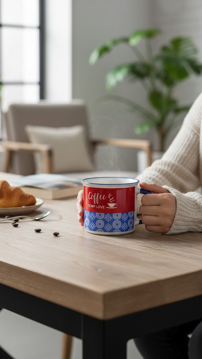 Asoula ceramic coffee mug with red body, blue patterned base, and white text "Coffee is my love".