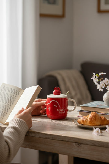 Asoula red porcelain mug with lid and spoon, featuring a white heart design and 'Cherry Rabbit' text.