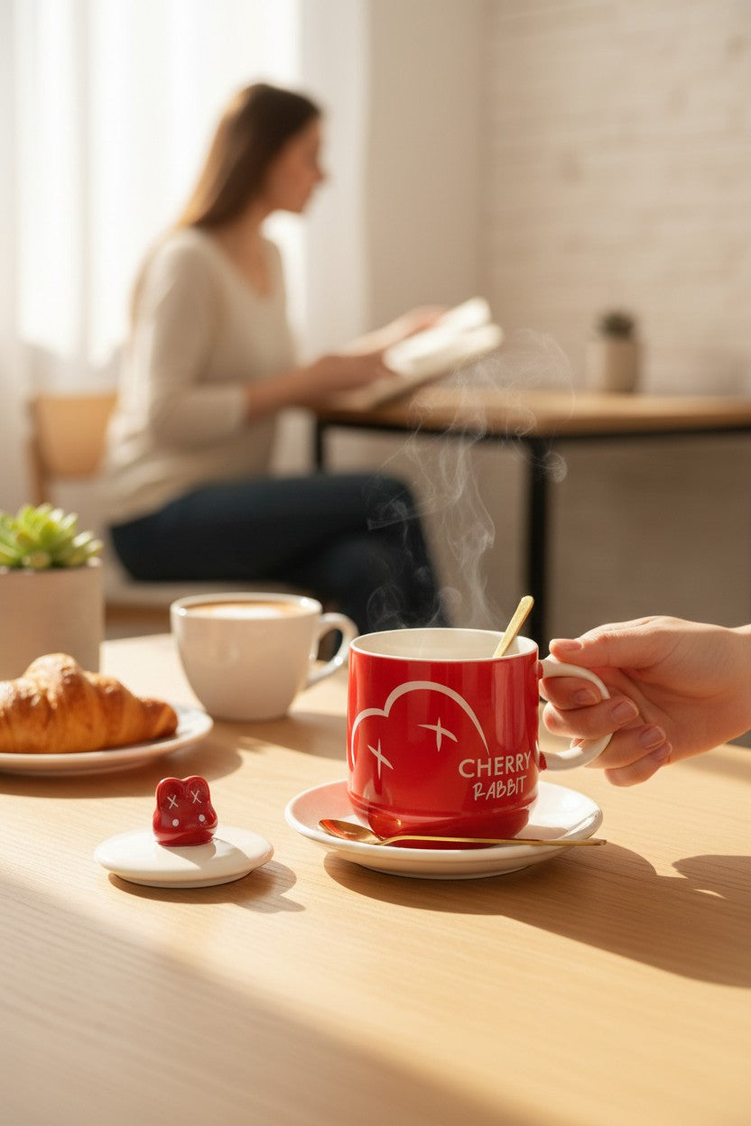 Asoula red porcelain mug with white heart and text "CHERRY RABBIT", cream lid with cute red rabbit topper and gold spoon.