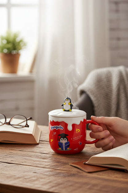 Asoula red porcelain mug with lid, featuring a cute penguin reading a book and a penguin topper. Ideal for tea lovers and readers.