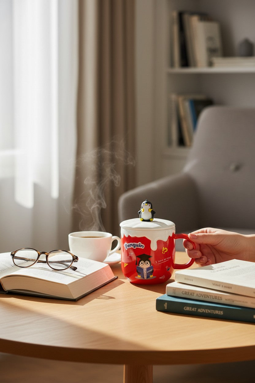 Asoula red porcelain mug with lid, featuring a cute penguin reading a book and a penguin topper. Ideal for tea or coffee lovers.