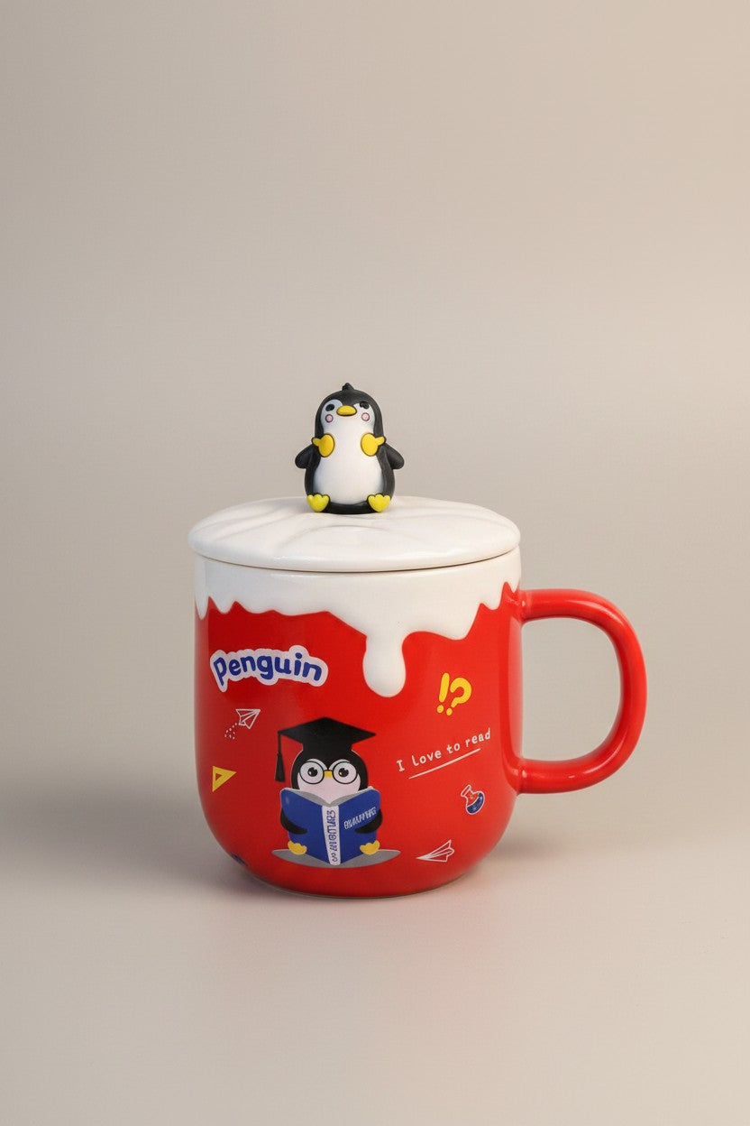 Asoula red porcelain mug with lid, featuring a cute penguin reading a book and a penguin topper. Ideal for tea lovers and readers.