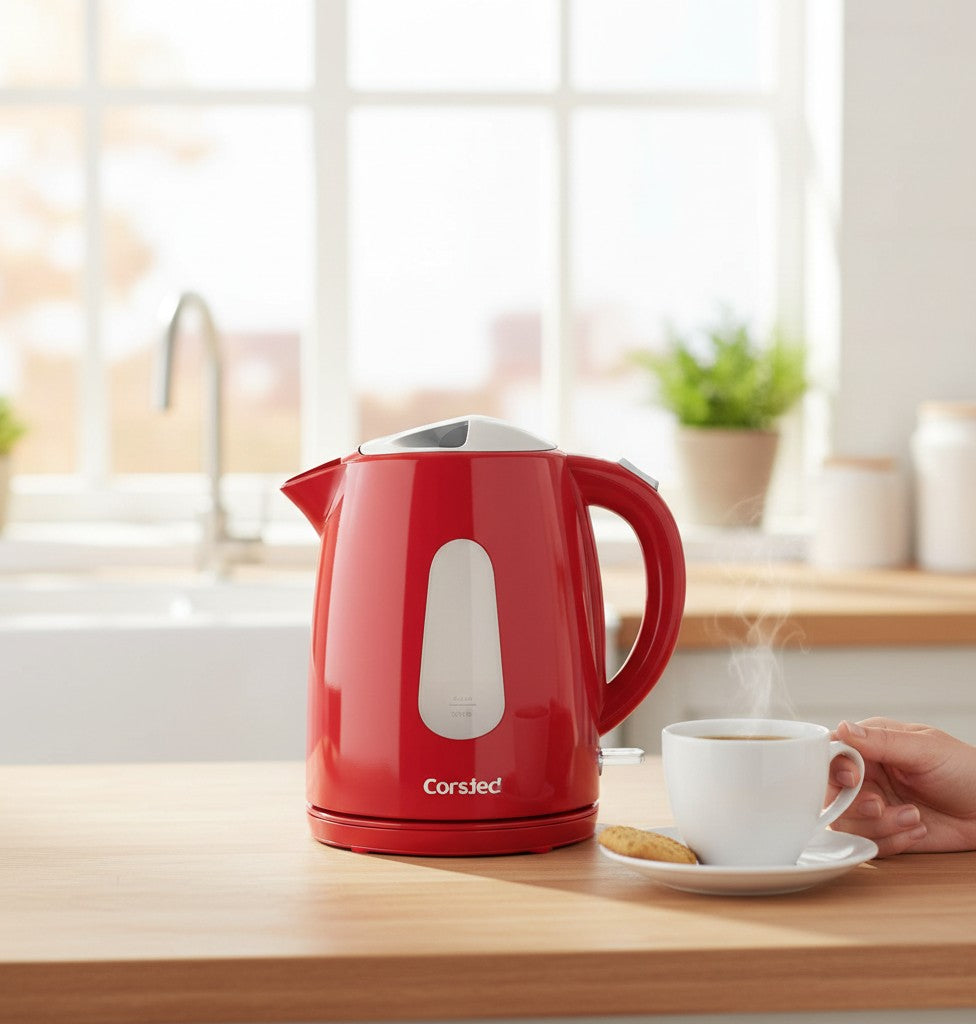 Asoula red plastic electric kettle, 1.2L capacity, 1100W, with water level indicator and red power light.