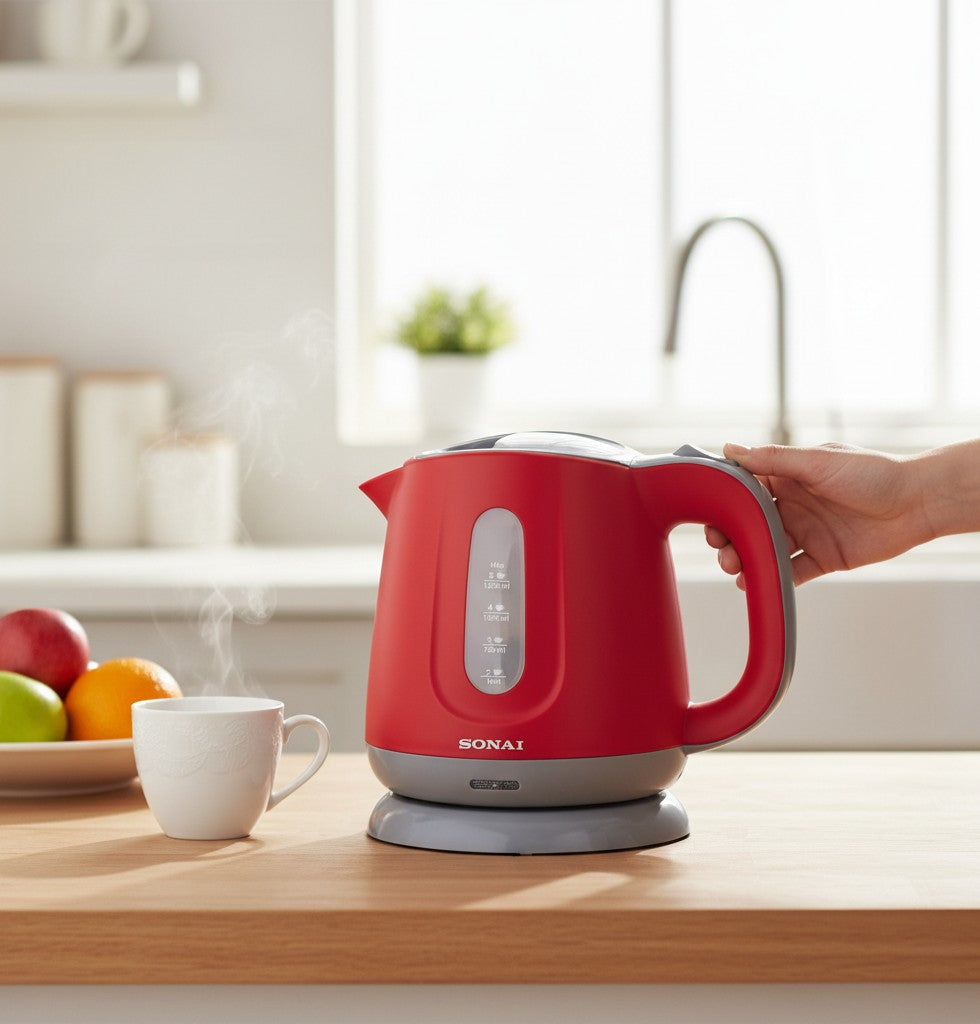Asoula red plastic electric kettle, 1.2L capacity, 1100W, with water level indicator and red power light.