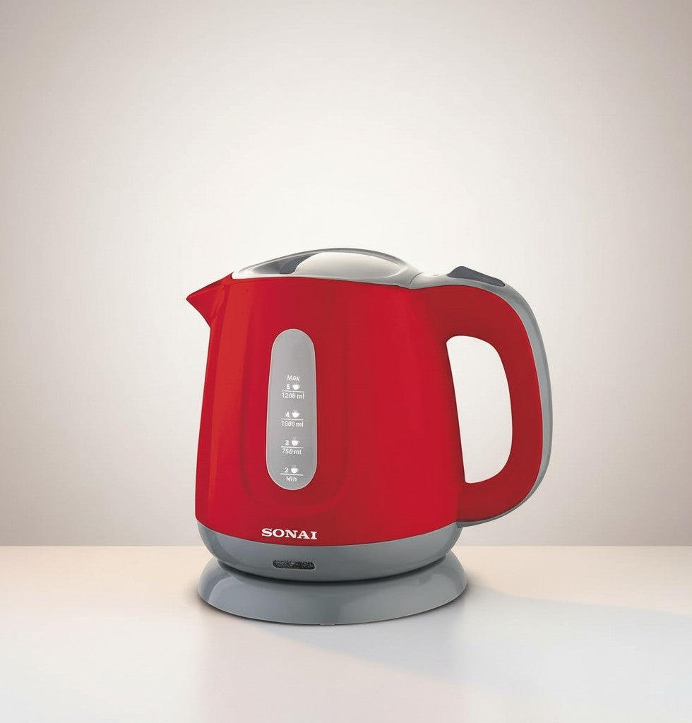Asoula red plastic electric kettle, 1.2L capacity, 1100W, with water level indicator and red power light.