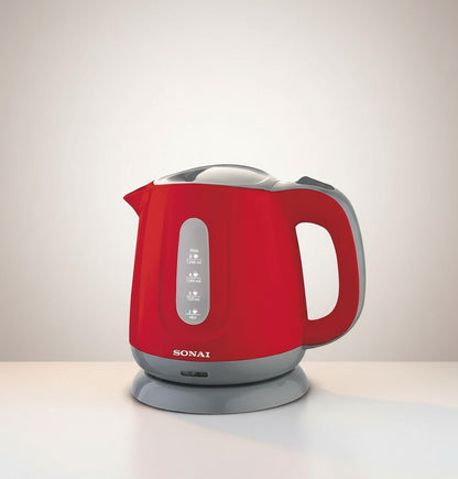 Asoula red plastic electric kettle, 1.2L capacity, 1100W, with water level indicator and red power light.