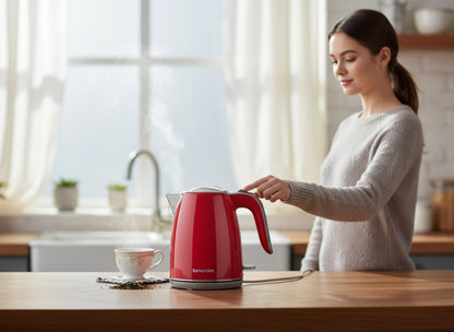 Asoula red plastic electric kettle with grey accents and a dark grey switch. 1.2L capacity, 1100W.