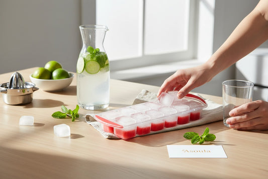 Asoula red silicone ice cube tray with 12 rectangular ice cubes, clear lid.