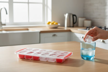 Asoula red and clear silicone ice cube tray with 12 rectangular molds for easy ice removal.