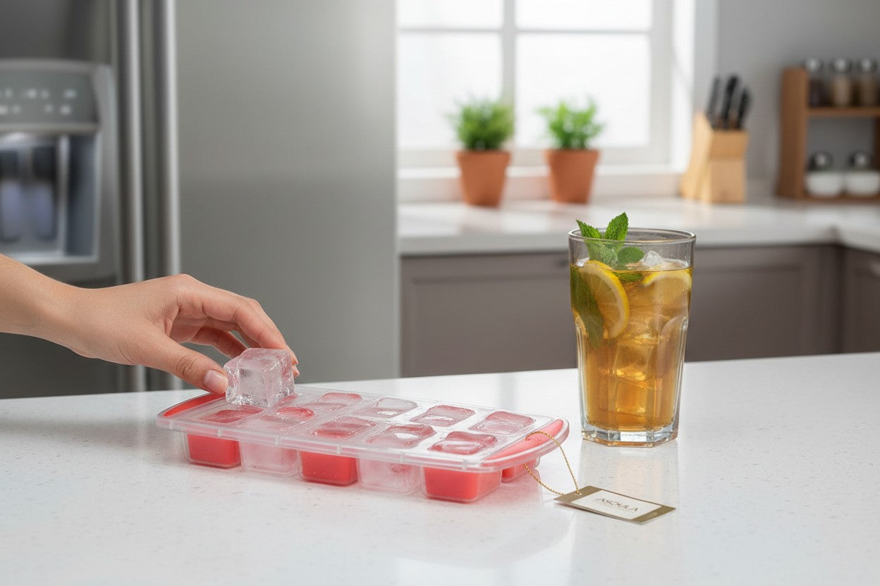 Asoula red and clear silicone ice cube tray with 12 rectangular molds for easy ice removal.