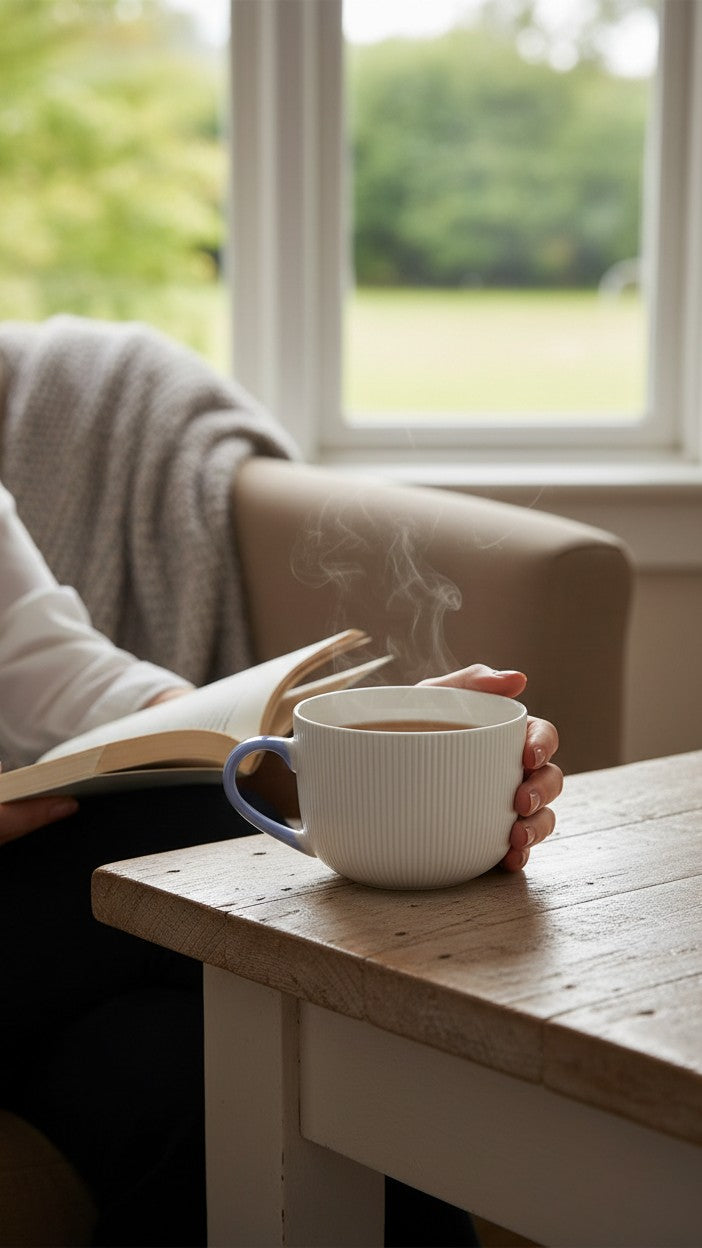 Asoula ribbed ceramic soup mug in pale pink with a light blue handle, perfect for cozy meals.