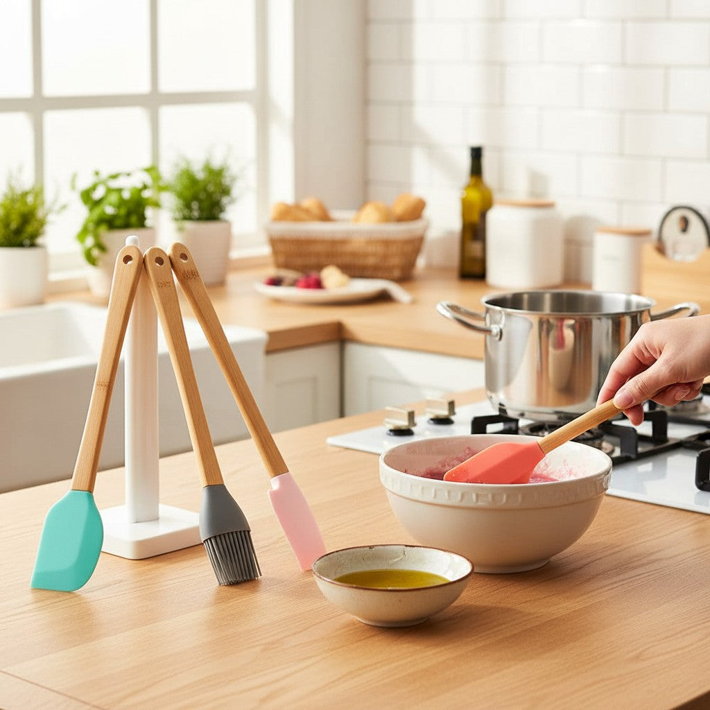 Asoula 6-piece silicone kitchen utensil set with bamboo handles in teal, grey, pink, coral, and orange.