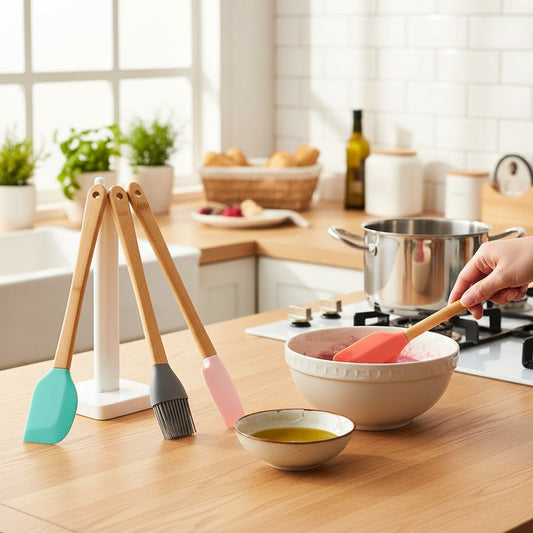 Asoula 6-piece silicone kitchen utensil set with bamboo handles in teal, grey, pink, coral, and orange.