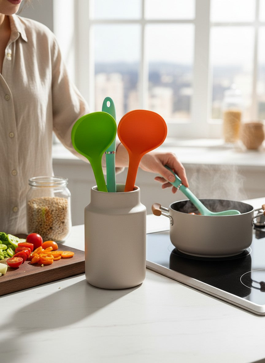 Asoula silicone soup ladle in green, orange, and teal. Features a heat-resistant, non-slip ergonomic handle and is dishwasher safe.