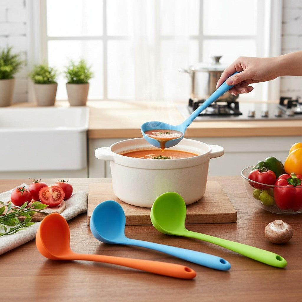 Asoula heat-resistant silicone soup ladle set in orange, red, blue, green, and black. Features ergonomic non-slip handles and dishwasher-safe design.