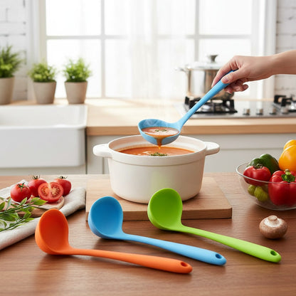Asoula heat-resistant silicone soup ladle set in orange, red, blue, green, and black. Features ergonomic non-slip handles and dishwasher-safe design.