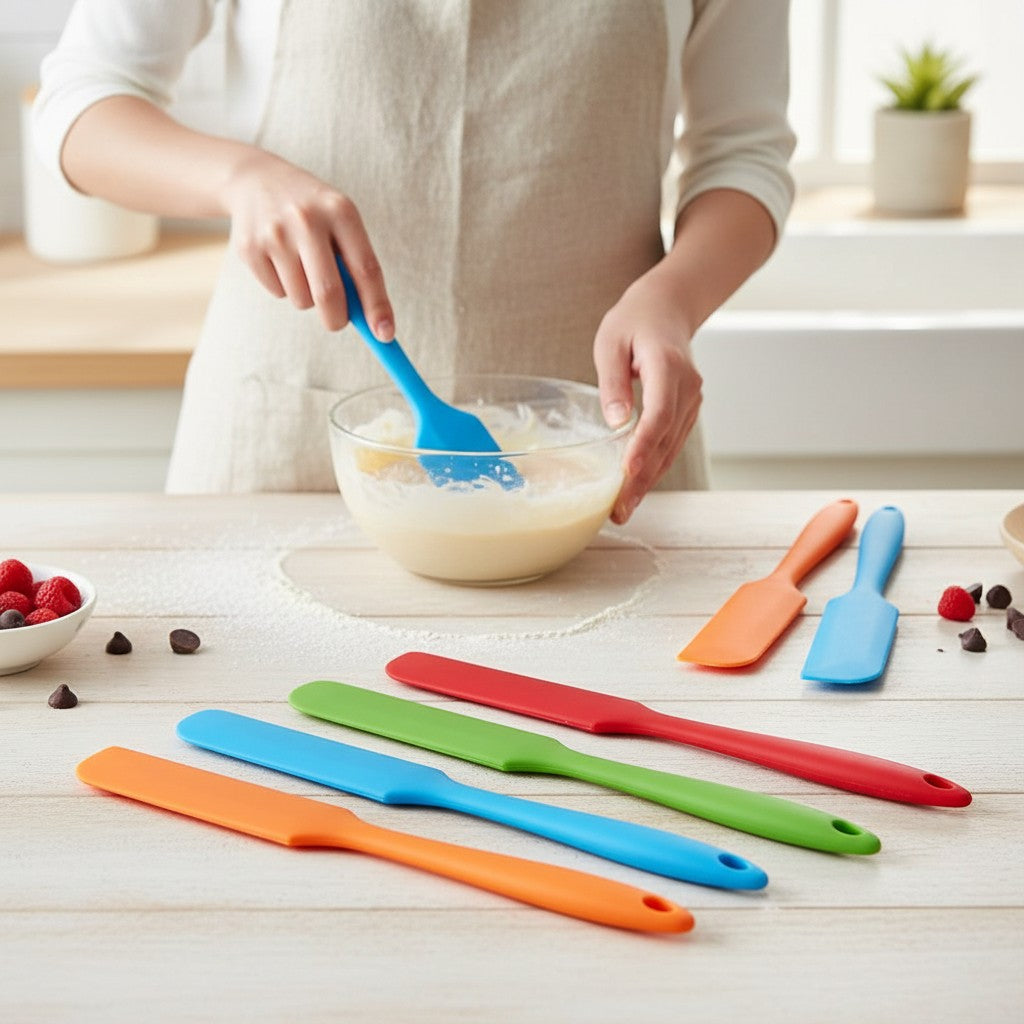 Asoula set of 4 heat-resistant silicone spatulas in orange, blue, green, and red. Ideal for baking, scraping, and spreading.
