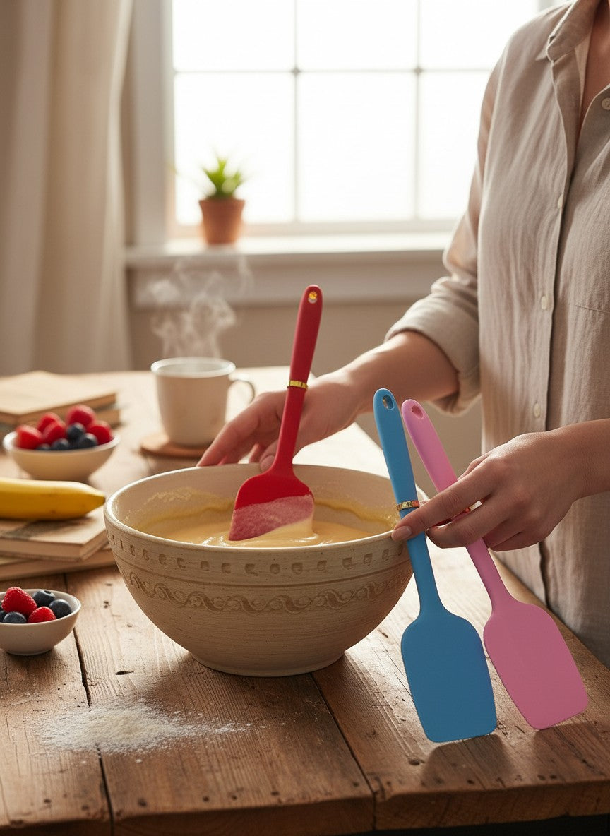 Asoula set of 3 silicone spatulas in red, blue, and pink with gold accents on handles. Ideal for baking and cooking.
