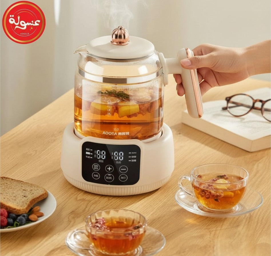 Asoula smart glass electric kettle with digital LED display and touch controls, white base, gold accents, and comfortable handle. Perfect for brewing tea.