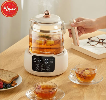 Asoula smart glass electric kettle with digital LED display and touch controls, white base, gold accents, and comfortable handle. Perfect for brewing tea.