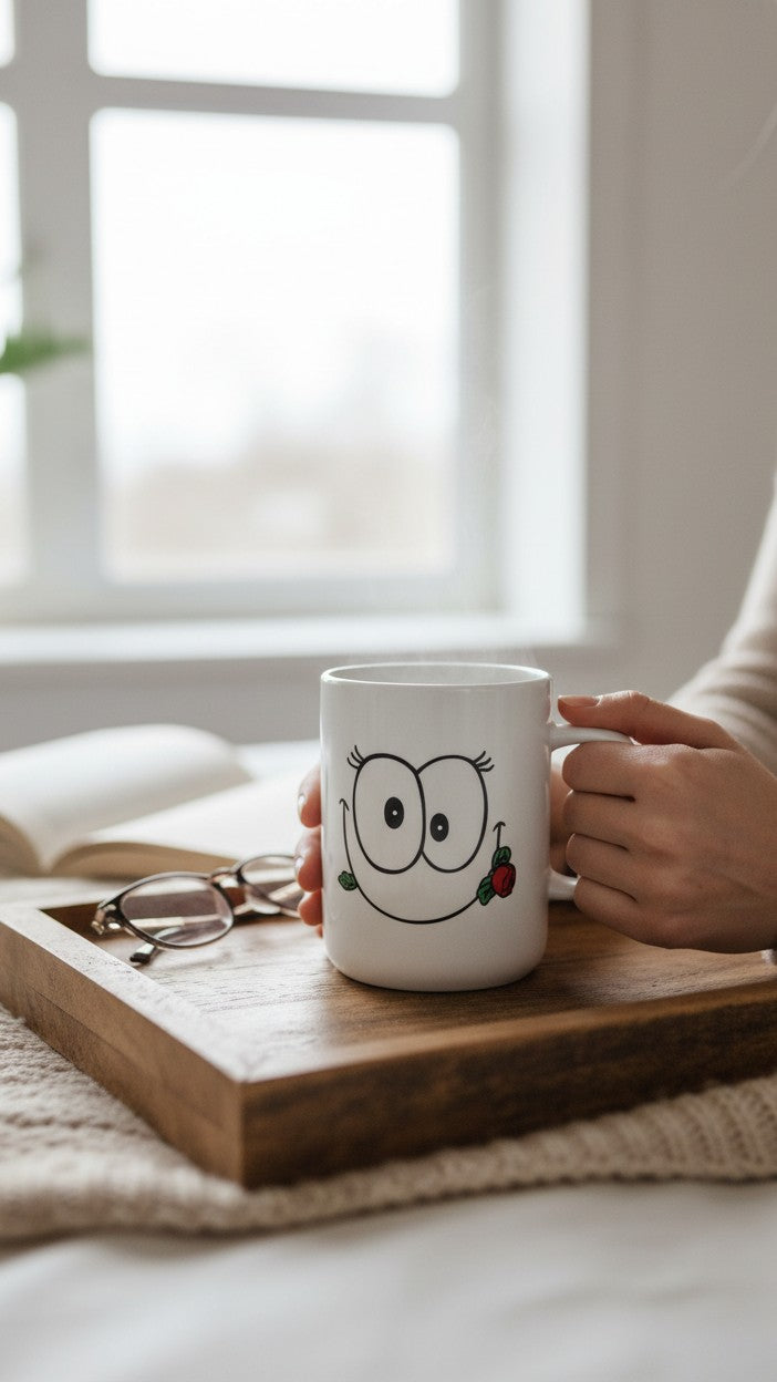 Asoula white ceramic mug with a cartoon smiley face featuring large eyes and a rose.