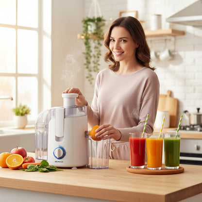 Asoula Sonai juice extractor with 350W motor, 1L capacity, 2 speed settings, and stainless steel filter. Includes pulp container.
