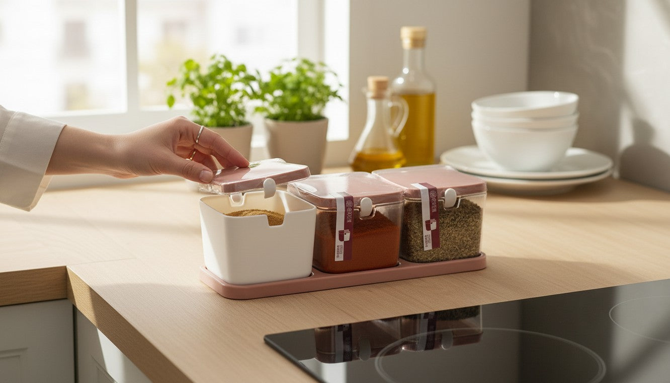Asoula 3-piece spice set with tray. White containers with brown lids and a brown tray. Ideal for kitchen counter organization.