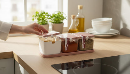 Asoula 3-piece spice set with tray. White containers with brown lids and a brown tray. Ideal for kitchen counter organization.