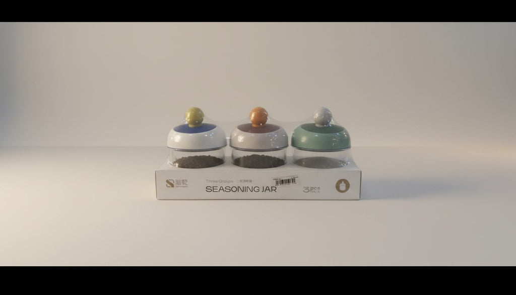 Asoula spice set with three glass jars and tray, featuring pastel blue, peach, and green lids.