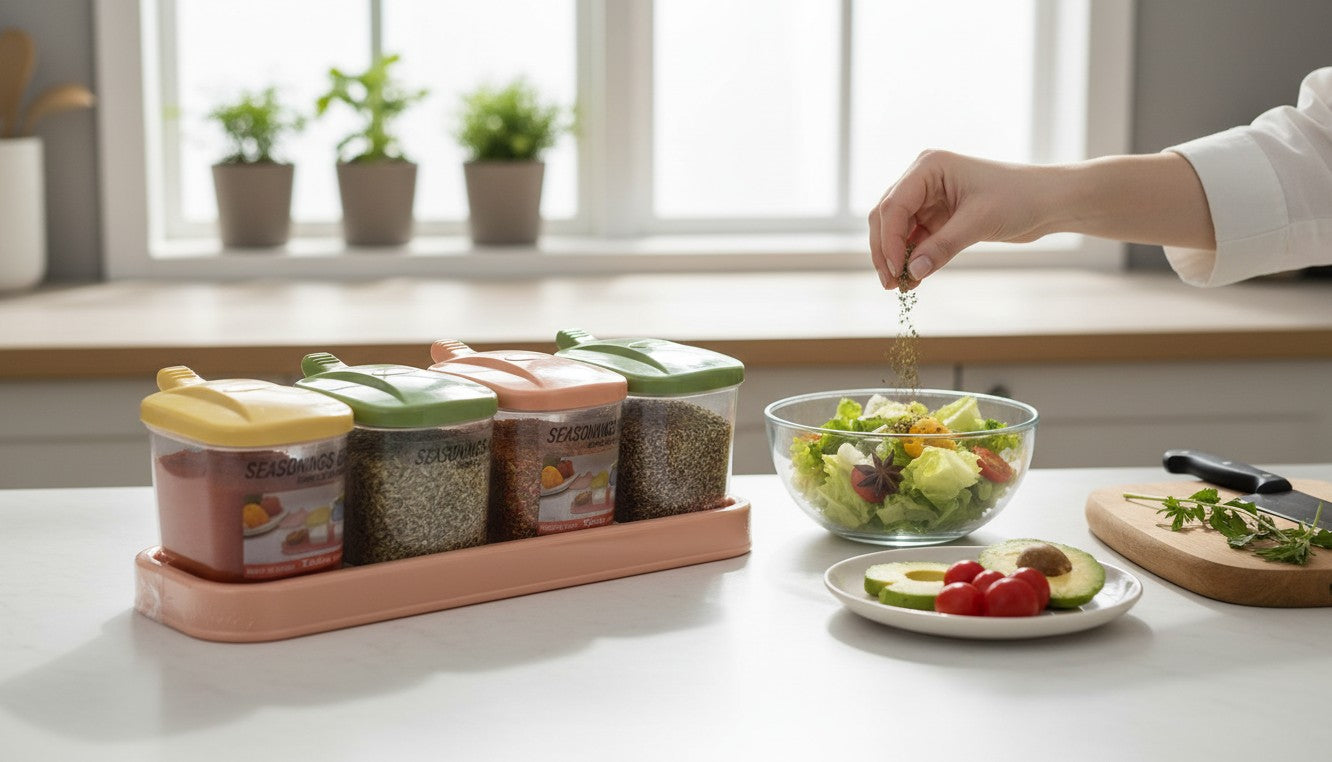 Asoula spice set with four clear jars and colorful lids (yellow, green, peach, purple) on a matching tray.