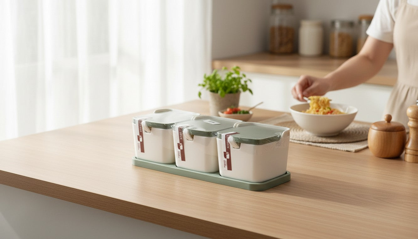 Asoula white and green spice set with three jars and a tray. Jars have lids and a small handle.