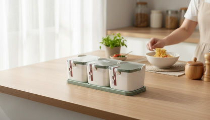 Asoula white and green spice set with three jars and a tray. Jars have lids and a small handle.