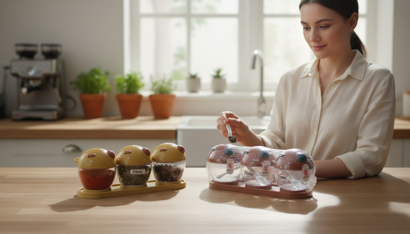 Asoula spice set with three clear jars featuring cute animal-shaped lids in yellow and brown, each with a small spoon, on a matching tray.