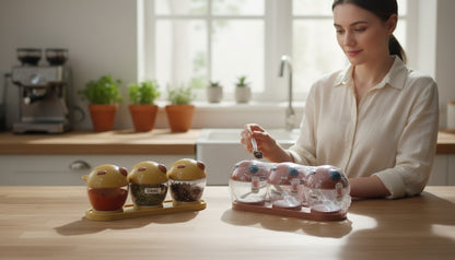 Asoula spice set with three clear jars featuring cute animal-shaped lids in yellow and brown, each with a small spoon, on a matching tray.