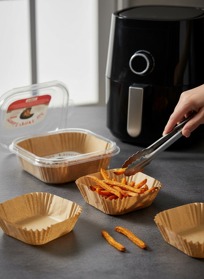 Asoula square air fryer liners, 160mm x 45mm, made of food-grade double-sided silicone paper, waterproof and oil-proof.