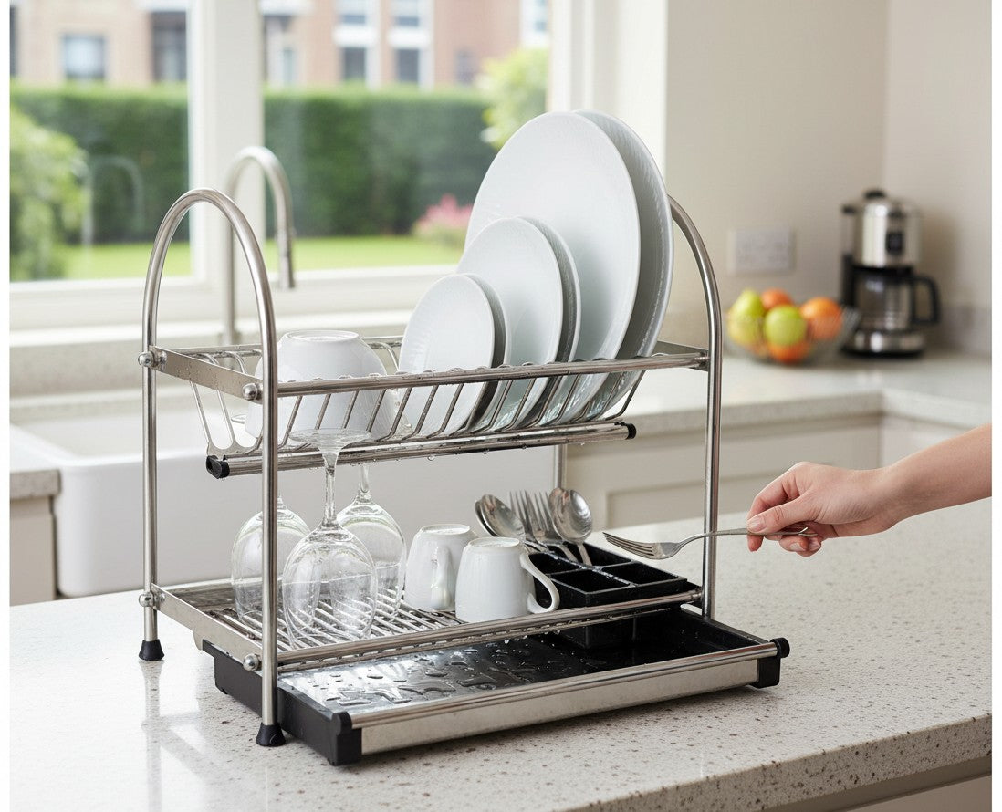 Asoula two-tier stainless steel dish rack with utensil holder and drip tray. Silver finish.