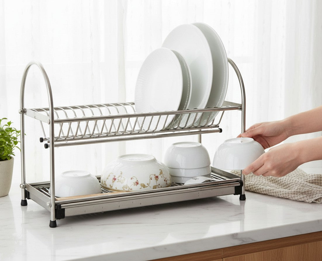 Asoula two-tier stainless steel dish rack with plate slots and bowl holders, silver