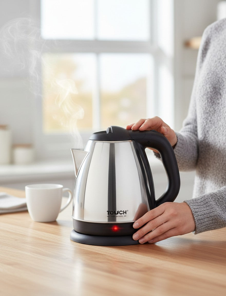 Asoula stainless steel electric kettle, 1.5L capacity, with black handle and base, 1500W, 360 cordless, auto shut-off.