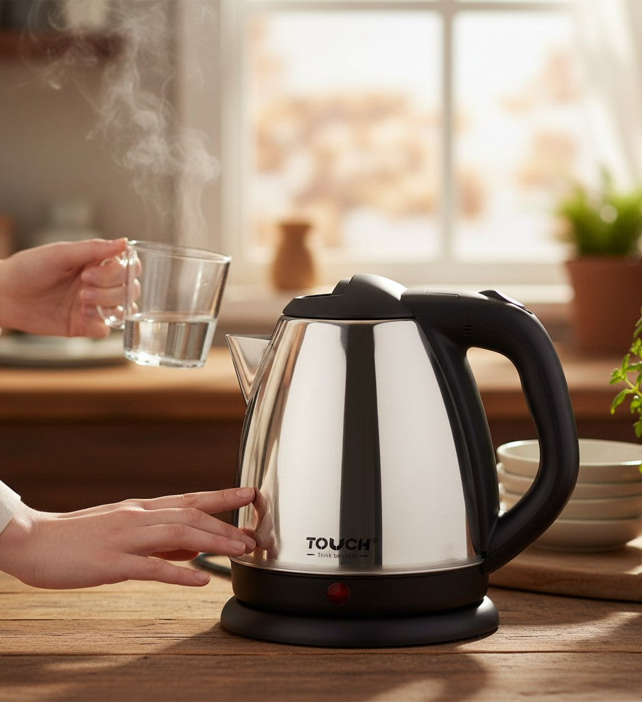 Asoula stainless steel electric kettle, 1.5L capacity, with black handle and automatic shut-off feature.