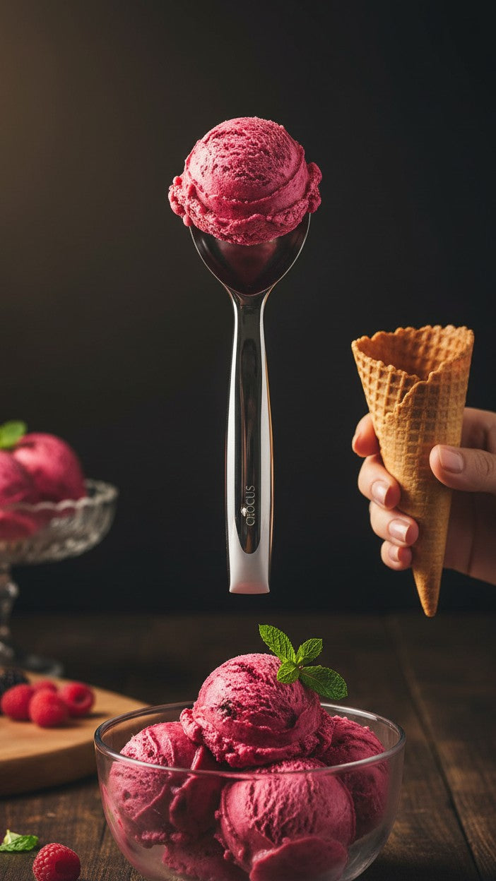 Asoula stainless steel ice cream scoop with a comfortable handle, perfect for scooping frozen desserts.