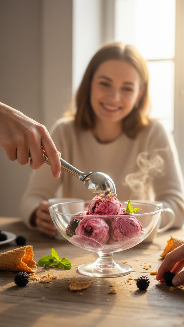 Asoula stainless steel ice cream scoop with a comfortable grip, perfect for scooping frozen desserts.